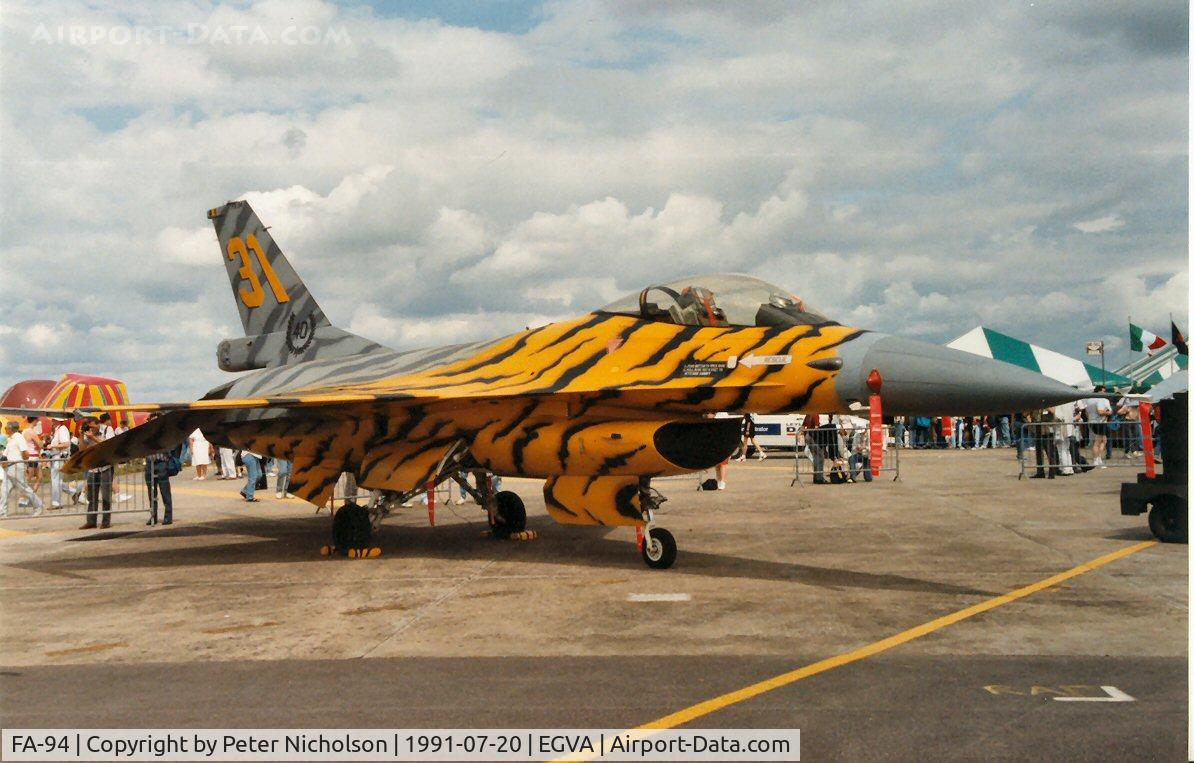 FA-94, SABCA F-16AM Fighting Falcon C/N 6H-94, F-16A Falcon of 31 Squadron Belgian Air Force at the Tiger Meet of the 1991 Intnl Air Tattoo at RAF Fairford.