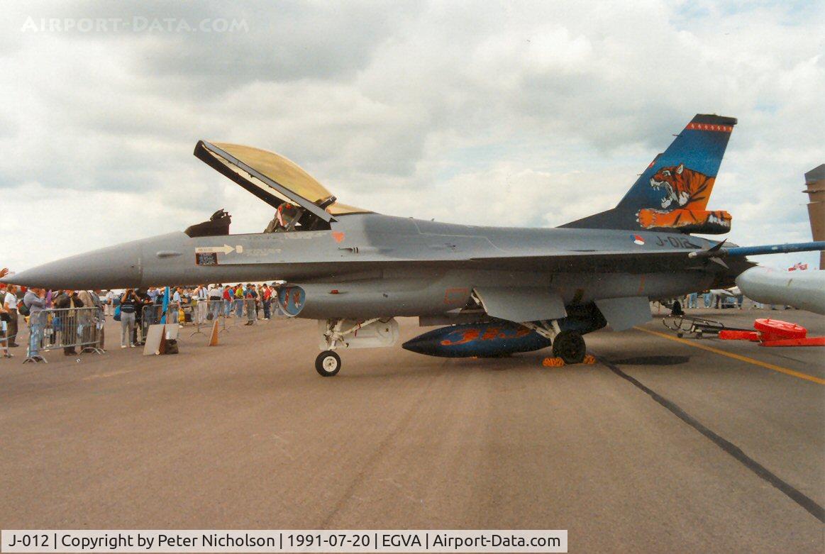 J-012, Fokker F-16A Fighting Falcon C/N 6D-168, F-16A Falcon of 313 Squadron Royal Netherlands Air Force at the Tiger Meet of the 1991 Intnl Air Tattoo at RAF Fairford.