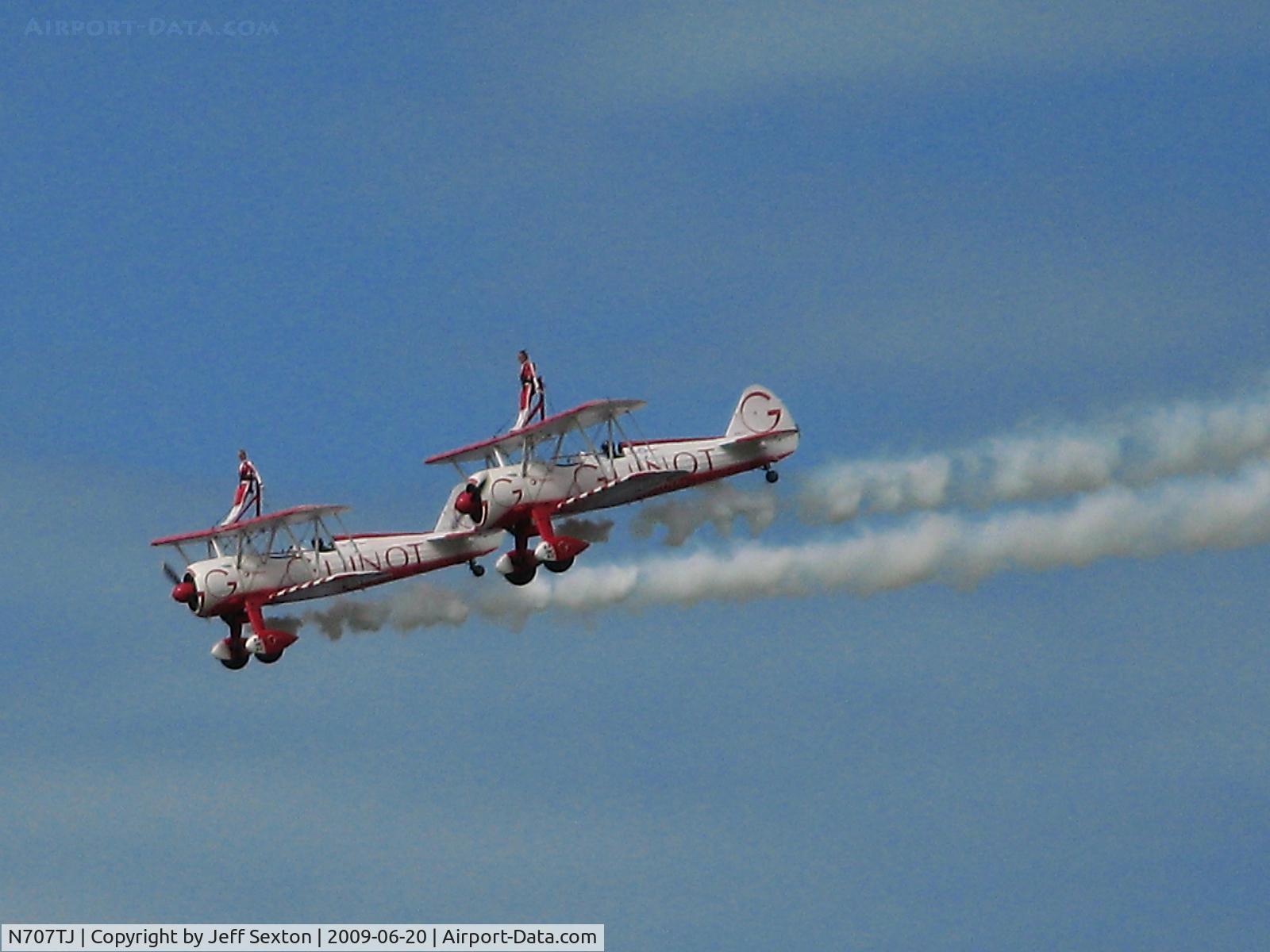 N707TJ, 1943 Boeing A75N1(PT17) C/N 75-950, In formation with N74189. Wing walking demonstration.
