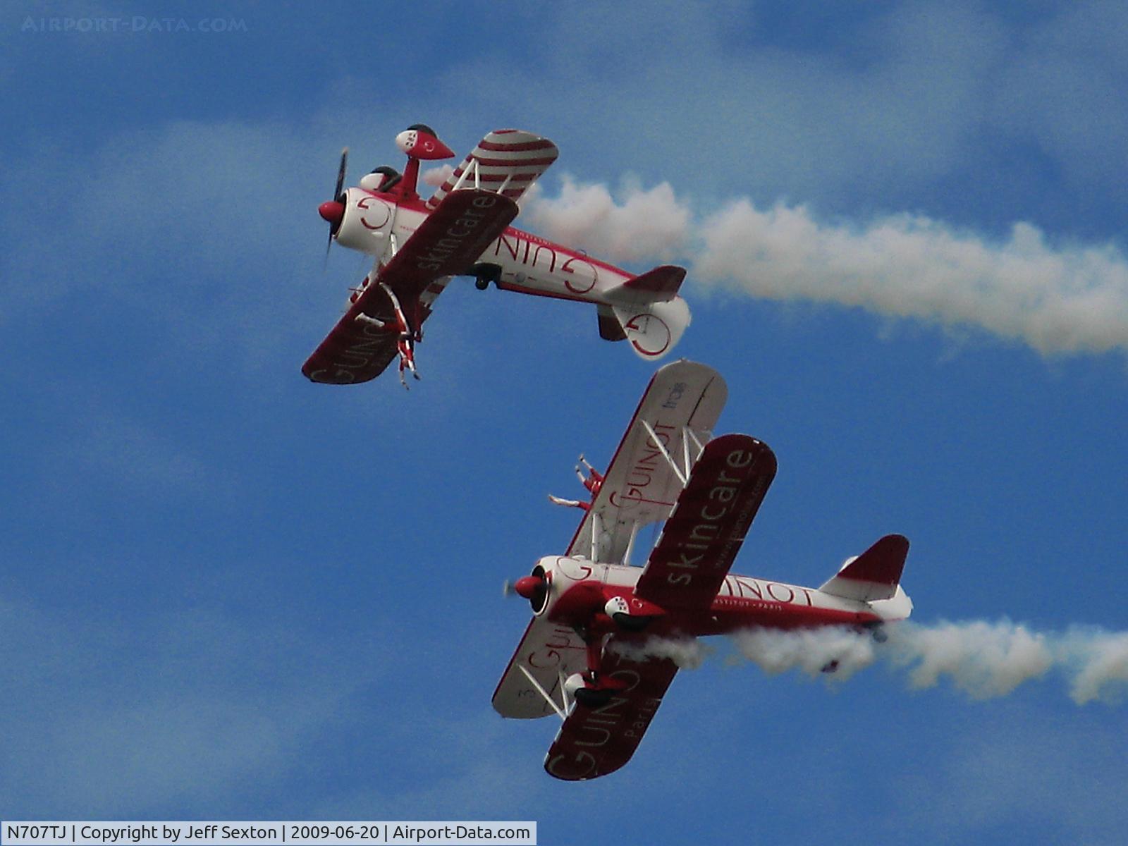 N707TJ, 1943 Boeing A75N1(PT17) C/N 75-950, In formation with N74189. Wing walking demonstration.