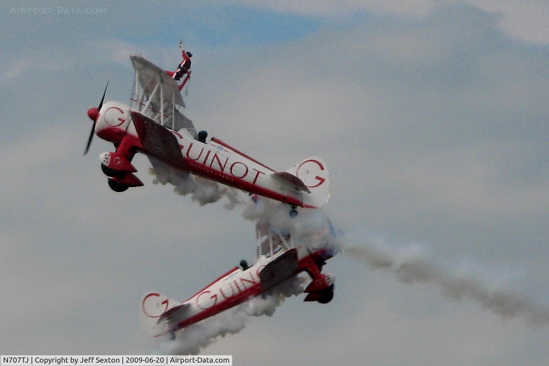 N707TJ, 1943 Boeing A75N1(PT17) C/N 75-950, In formation with N74189. Wing walking demonstration.