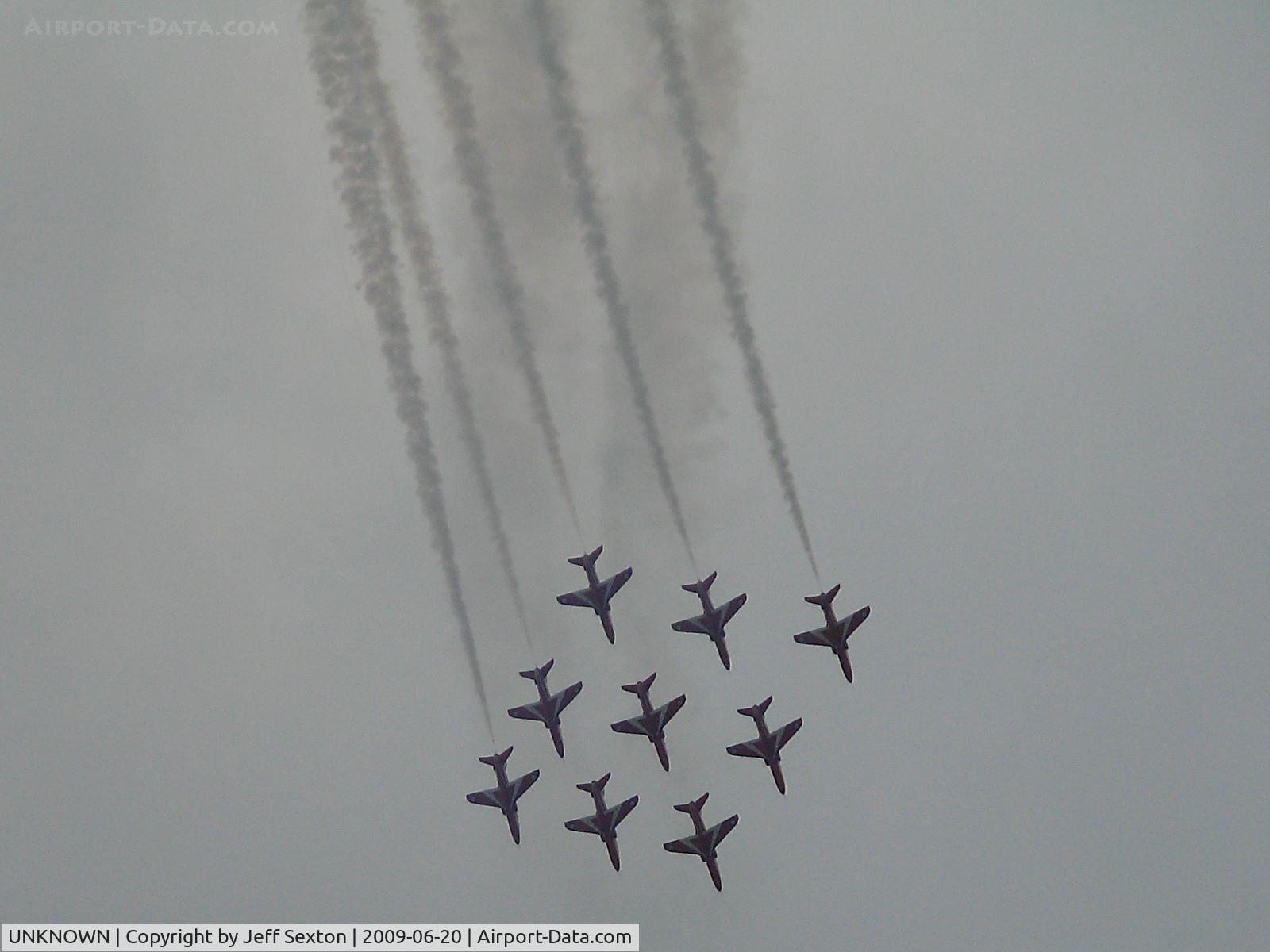 UNKNOWN, British Aerospace Hawk T1A C/N Unknown, Red Arrows - Royal Air Force Display Team. BAe Hawk Mk1 aircraft in 'Diamond 9' formation