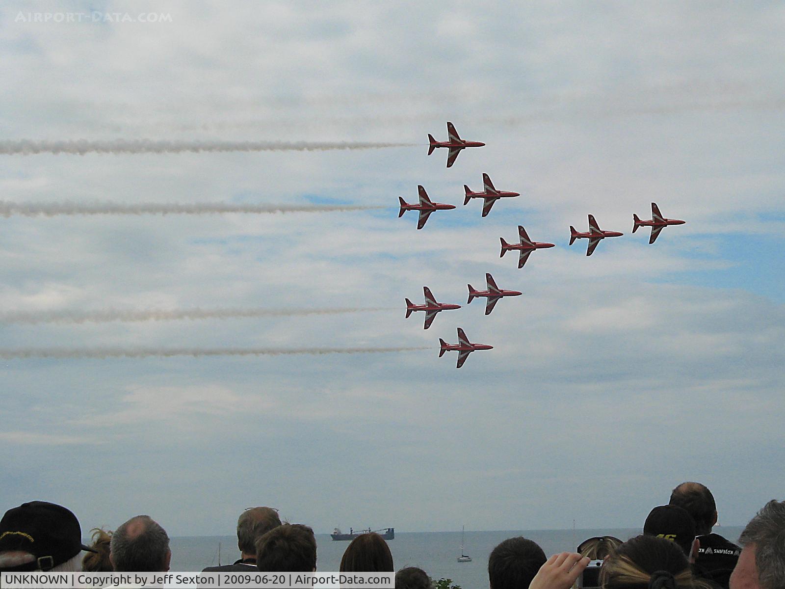 UNKNOWN, British Aerospace Hawk T1A C/N Unknown, Red Arrows - Royal Air Force Display Team. BAe Hawk Mk1 aircraft in 'Concord' formation