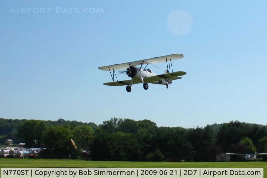 N770ST, 1942 Boeing A75N1(PT17) C/N 75-4876, Landing on 28 at the Beach City, Ohio Father's Day fly-in.