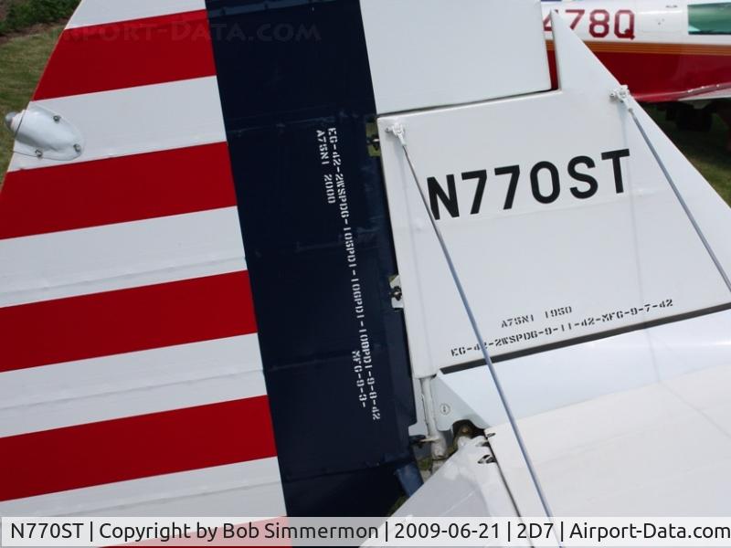 N770ST, 1942 Boeing A75N1(PT17) C/N 75-4876, Father's Day fly-in at Beach City, Ohio - tail detail.
