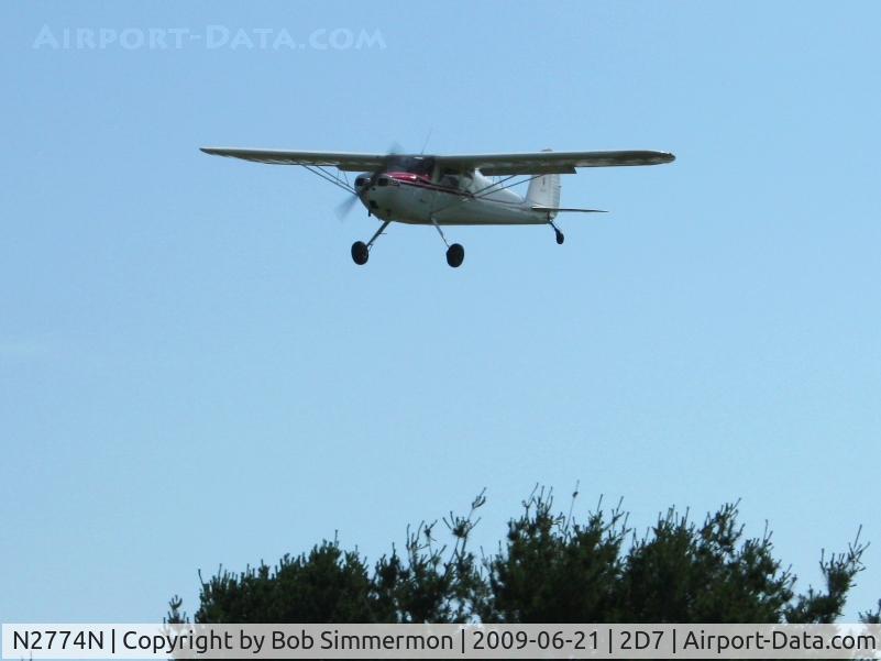 N2774N, 1946 Cessna 120 C/N 12020, Landing on 28 at the Beach City, Ohio Father's Day fly-in.