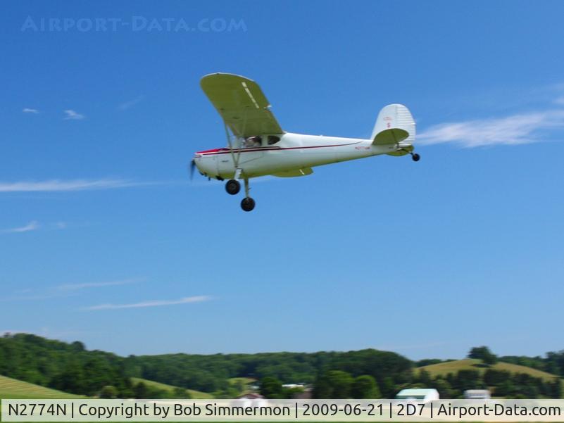 N2774N, 1946 Cessna 120 C/N 12020, Landing on 28 at the Beach City, Ohio Father's Day fly-in.