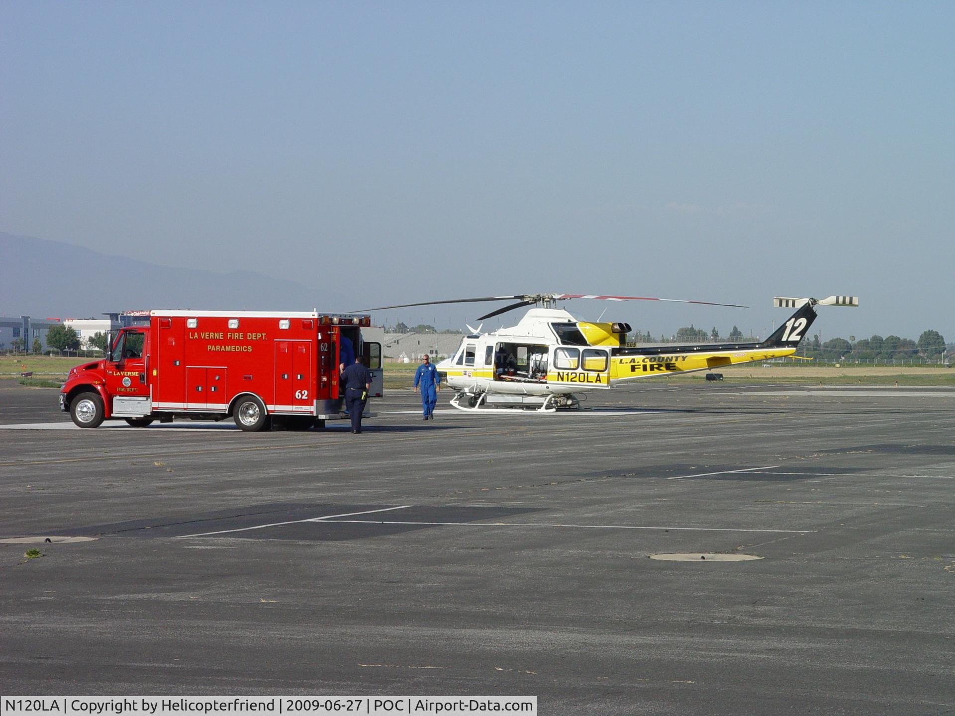 N120LA, 2007 Bell 412EP C/N 36455, Patient arrives via La Verne Fire Dept Ambulance