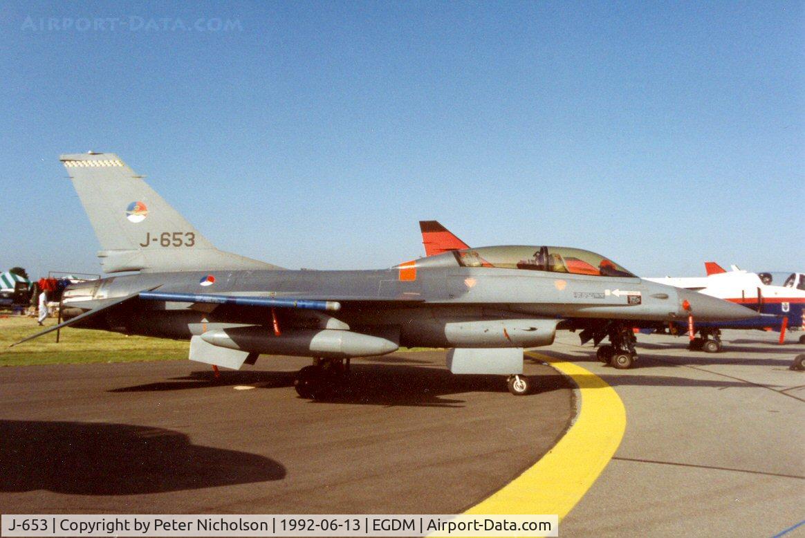 J-653, Fokker F-16B Fighting Falcon C/N 6E-18, F-16B Falcon of the Royal Netherlands Air Force's Test Group at the 1992 Air Tournament Intnl at Boscombe Down.
