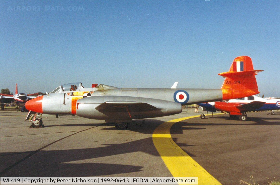 WL419, 1952 Gloster Meteor T.7(Mod) C/N G5/423772, Meteor T.7 of Martin Baker Aircraft on display at the 1992 Air Tattoo Intnl at Boscombe Down.