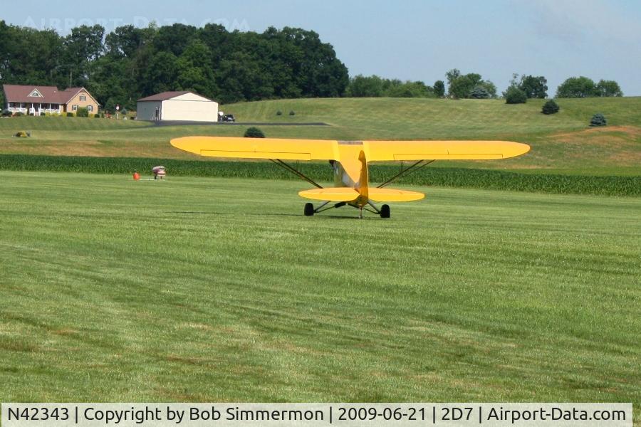 N42343, 1945 Piper J3C-65 Cub C/N 14593, Departing 28 at the Beach City, Ohio Father's Day fly-in.