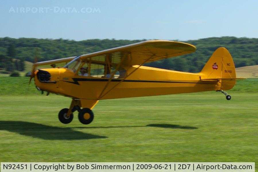 N92451, 1946 Piper J3C-65 Cub Cub C/N 16920, Landing on 28 at the Father's Day fly-in; Beach City, Ohio.