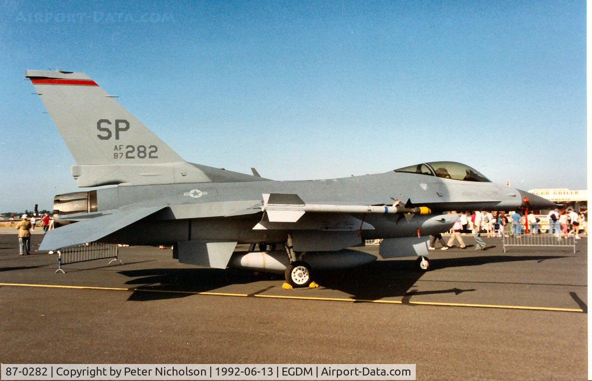 87-0282, 1987 General Dynamics F-16C Fighting Falcon C/N 5C-543, F-16C Falcon of 480th Fighter Squadron/52nd Fighter Wing at the 1992 Air Tattoo Intnl at Boscombe Down.
