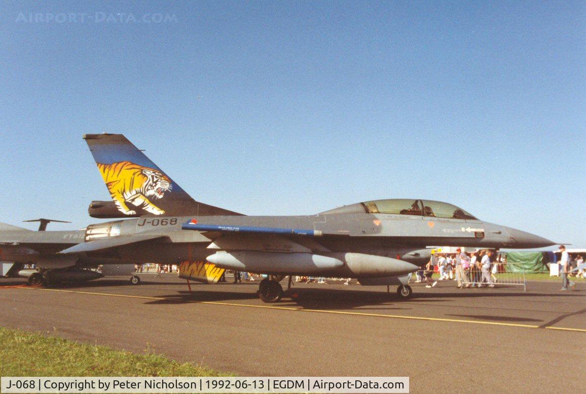J-068, 1987 Fokker F-16B Fighting Falcon C/N 6E-37, F-16B Falcon of 313 Squadron Royal Netherlands Air Force at the 1992 Air Tattoo Intnl at Boscombe Down.
