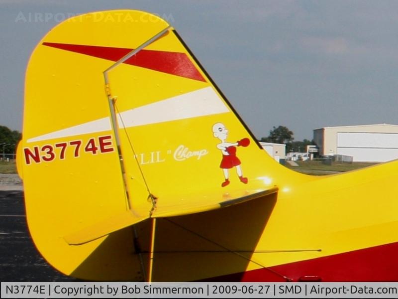N3774E, 1947 Aeronca 7AC Champion C/N 7AC-7057, Tail art detail.  Fly-in breakfast at Fort Wayne, Indiana's Smith Field.