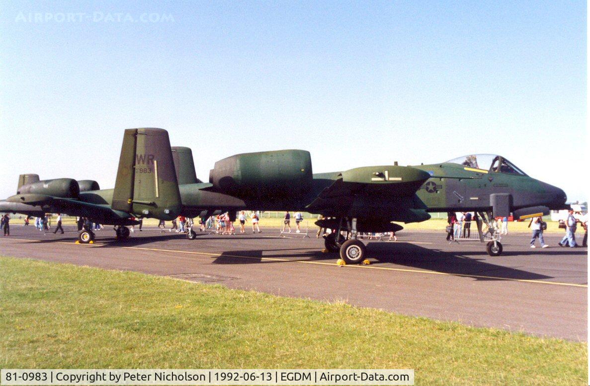 81-0983, 1981 Fairchild Republic A-10A Thunderbolt II C/N A10-0678, A-10A Thunderbolt, callsign Bison 32,  of 91st Fighter Squadron/81st Fighter Wing at the 1992 Air Tattoo Intnl at Boscombe Down.