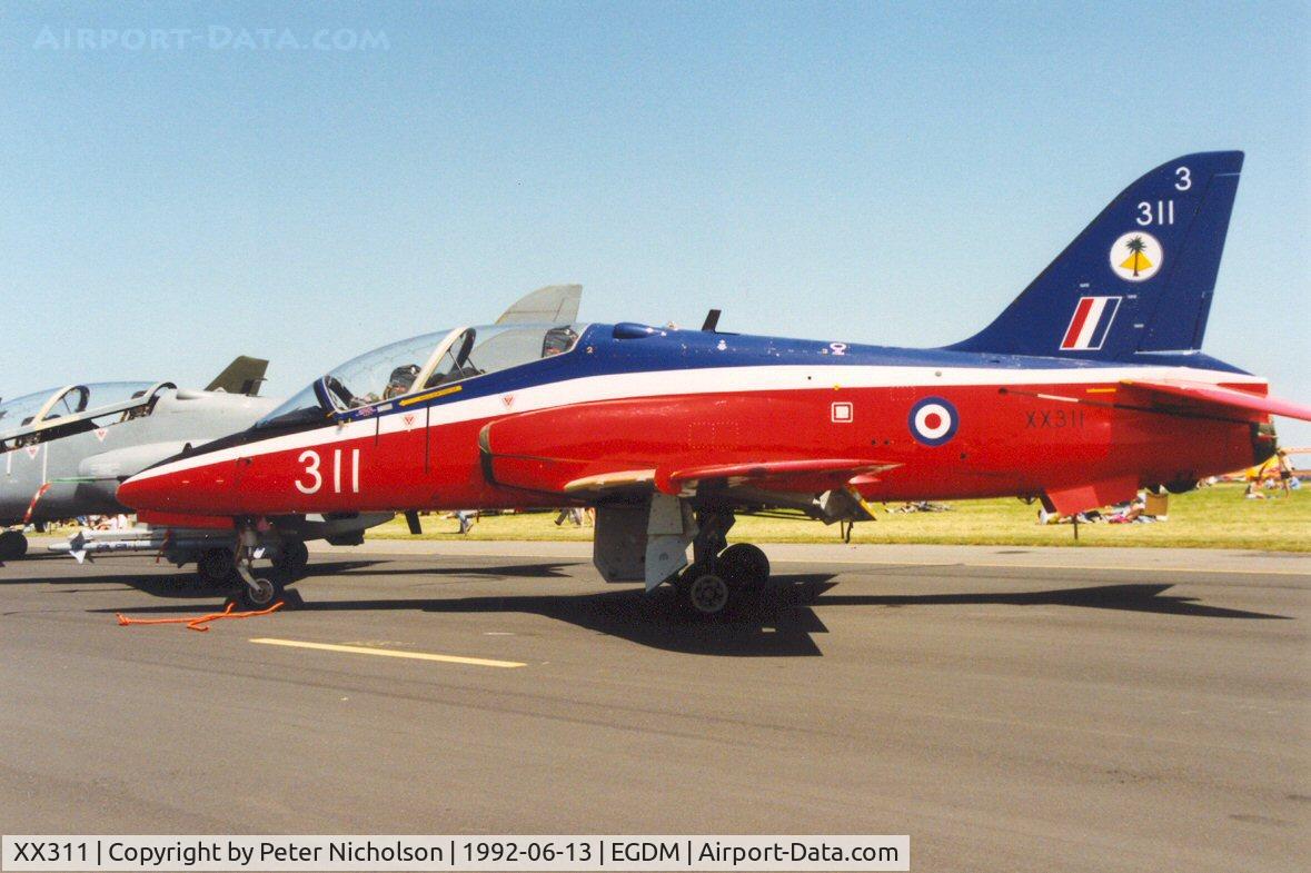 XX311, 1980 Hawker Siddeley Hawk T.1 C/N 147/312136, Hawk T.1, callsign Embassy 07, of 4 Flying Training School at the 1992 Air Tattoo Intnl at Boscombe Down.