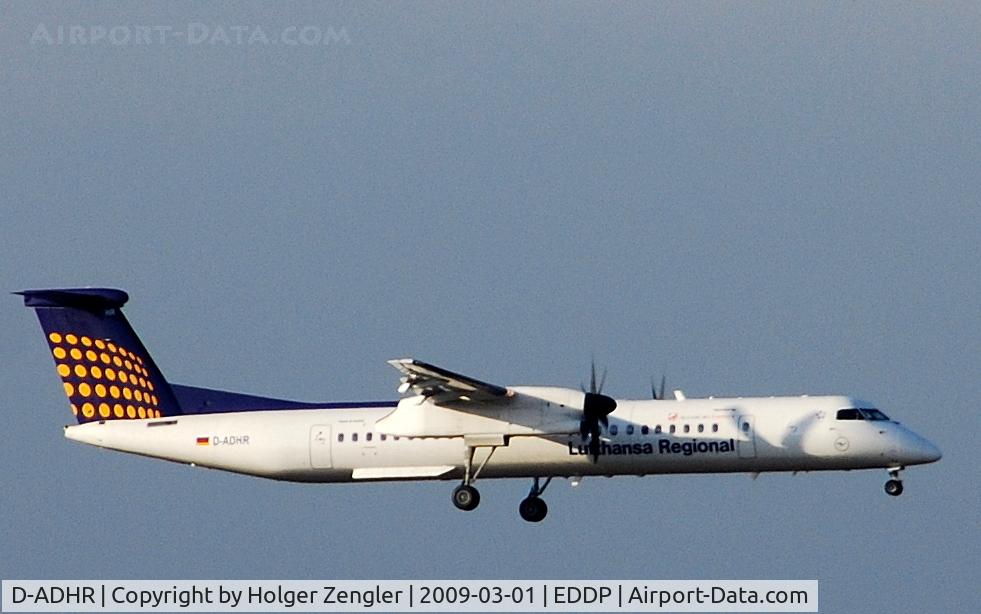 D-ADHR, 2001 De Havilland Canada DHC-8-402Q Dash 8 C/N 4041, The Vienna shuttle arrives LEJ in afternoon light