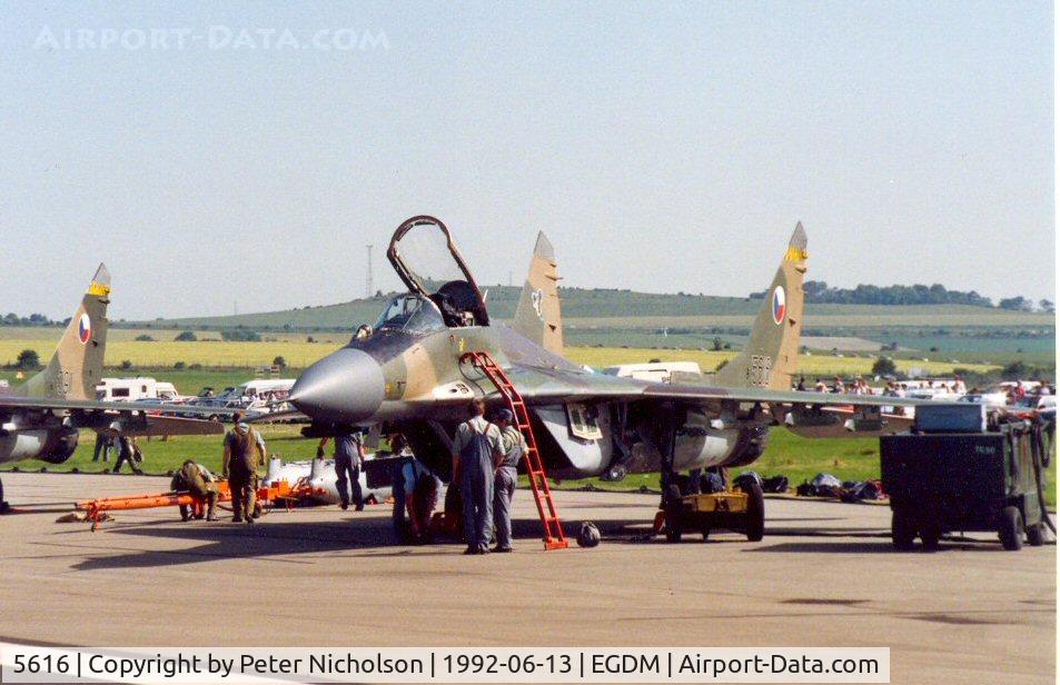 5616, Mikoyan-Gurevich MiG-29A C/N 2960532356, Fulcrum A of the Czech Air Force at the 1992 Air Tattoo Intnl at Boscoembe Down.