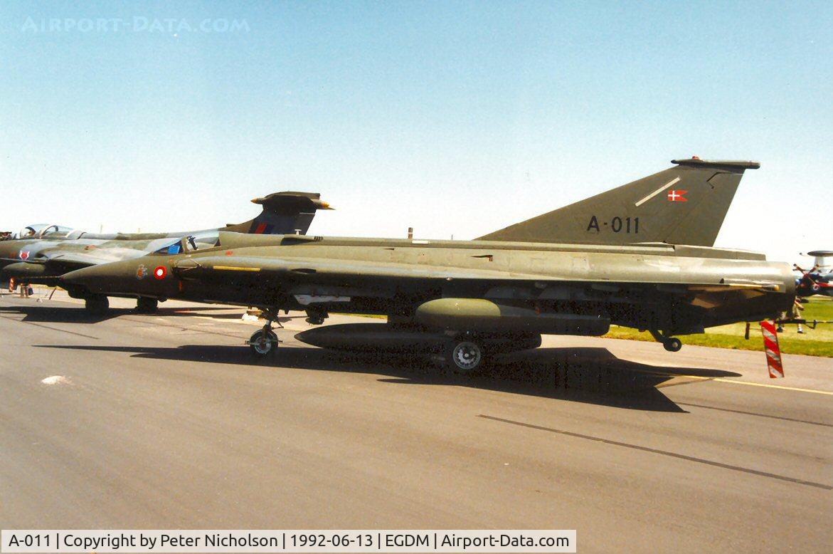 A-011, 1971 Saab F-35 Draken C/N 35-1011, Another view of the Esk 729 Draken of the Royal Danish Air Force at the 1992 Air Tattoo Intl at Boscombe Down.