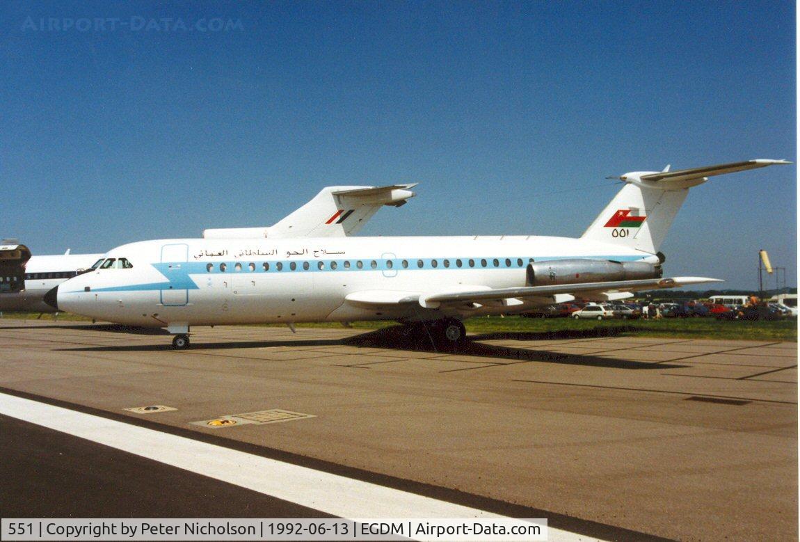 551, 1974 BAC 111-485GD One-Eleven C/N BAC.247, Royal Air Force of Oman's One Eleven, callsign Majan 562, at the 1992 Air Tattoo Intnl at Boscombe Down.