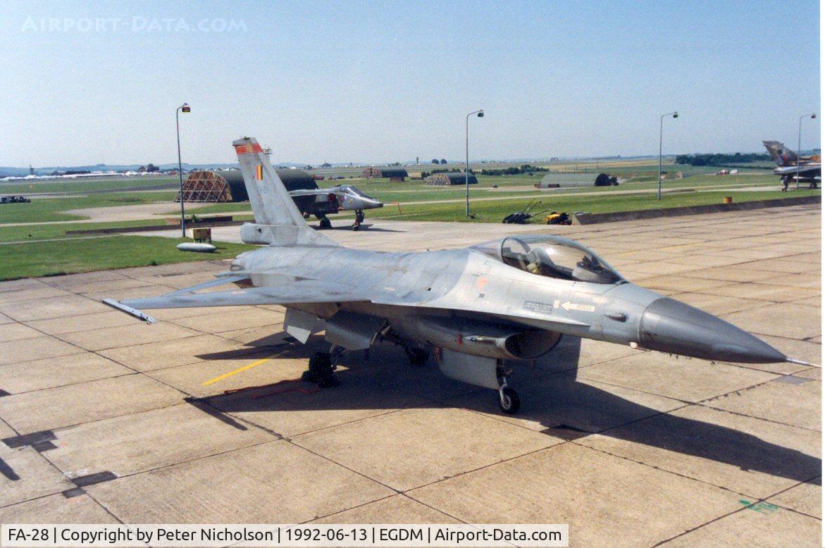 FA-28, SABCA F-16A Fighting Falcon C/N 6H-28, F-16A Falcon of 350 Squadron Belgian Air Force at the 1992 Air Tattoo Intnl at Boscombe Down.