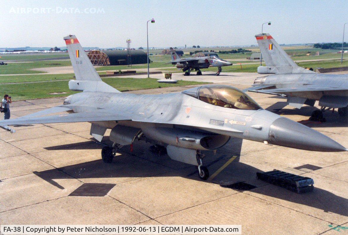 FA-38, SABCA F-16A Fighting Falcon C/N 6H-38, F-16A Falcon of 350 Squadron Belgian Air Force at the 1992 Air Tattoo Intnl at Boscombe Down.