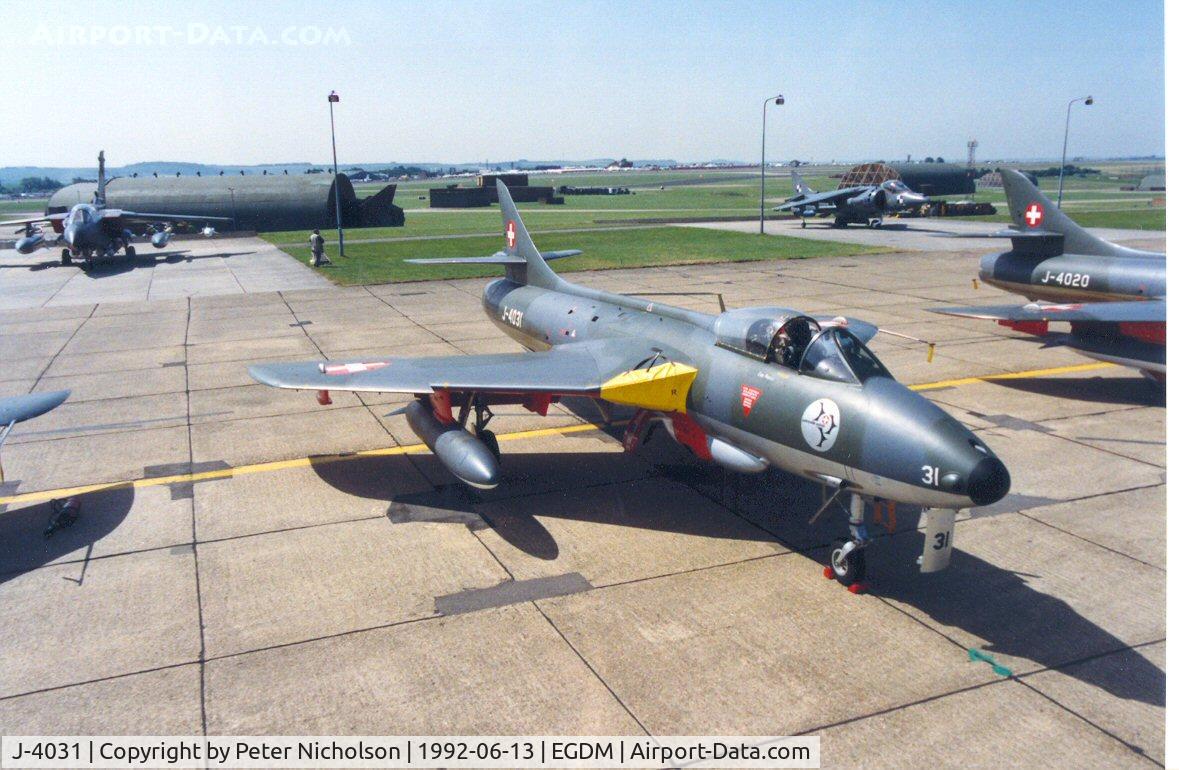 J-4031, Hawker Hunter F.58 C/N 41H-697398, Hunter F.58 of Patrouille Suisse aerobatic display team at the 1992 Air Tattoo Intnl at Boscombe Down.