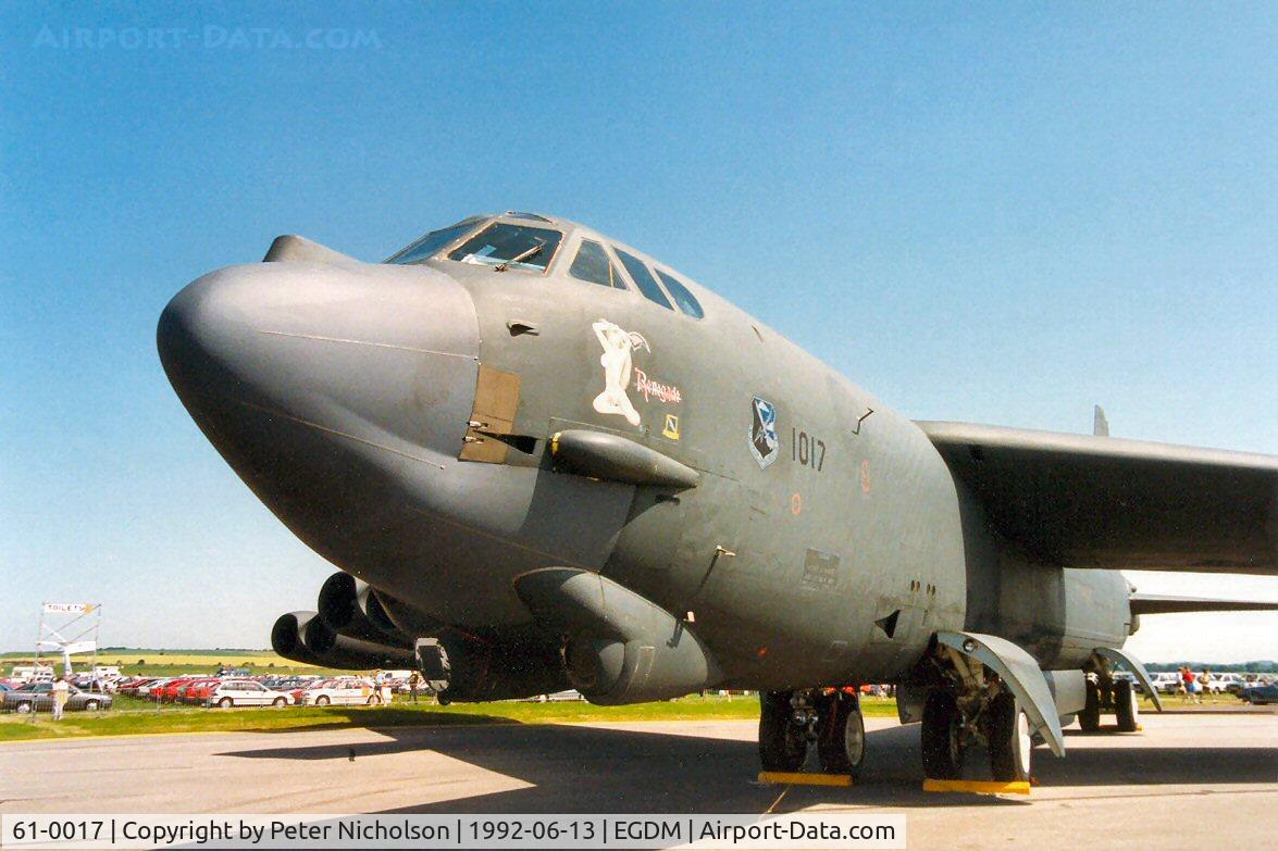 61-0017, 1961 Boeing B-52H Stratofortress C/N 464444, B-52H Stratofortress named Renegade of 325th Bomb Squadron/92nd Wing at the 1992 Air Tattoo Intnl at Boscombe Down.