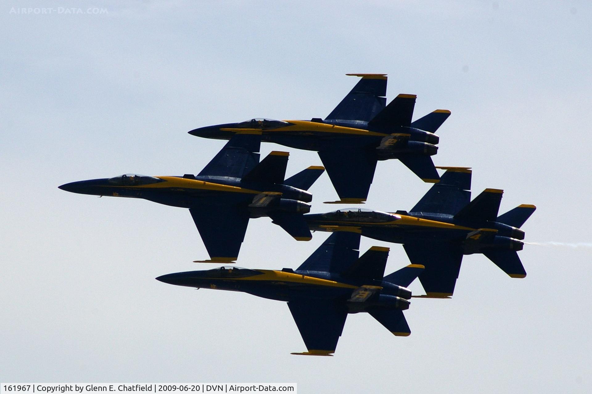 161967, McDonnell Douglas F/A-18A Hornet C/N 0183/A144, Blue Angels at the Quad Cities Air Show, and I'm shooting into the sun.  Leading 163106, 163130 and 161959