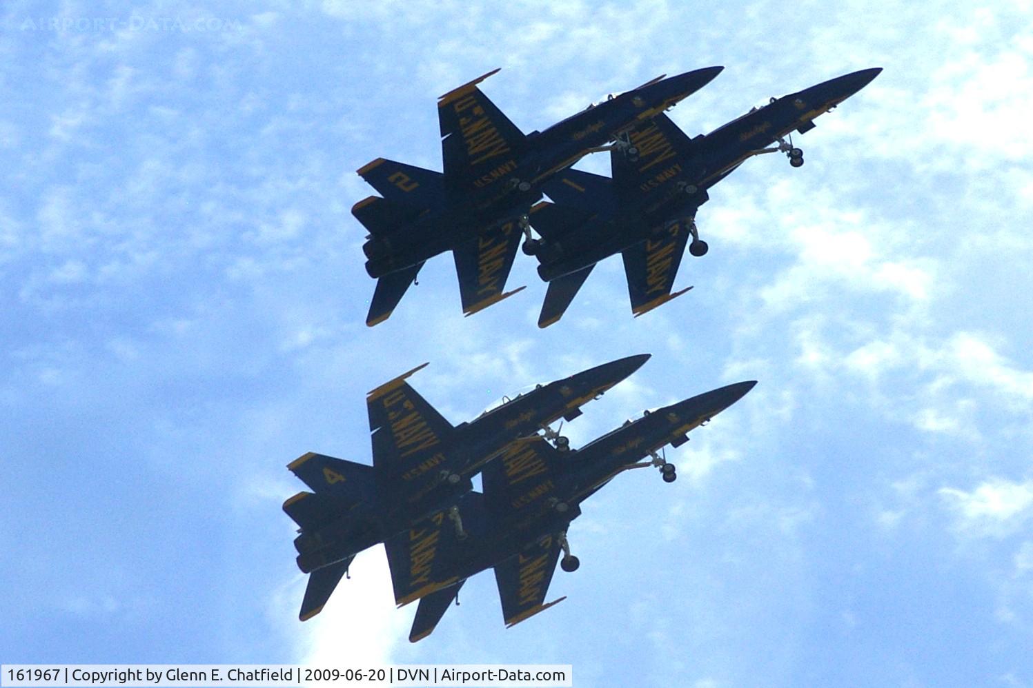 161967, McDonnell Douglas F/A-18A Hornet C/N 0183/A144, Blue Angels at the Quad Cities Air Show, and I'm shooting into the sun. Leading 163106, 163130 and 161959