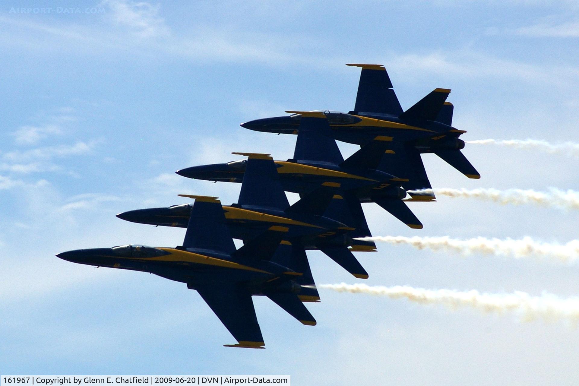 161967, McDonnell Douglas F/A-18A Hornet C/N 0183/A144, Blue Angels at the Quad Cities Air Show, and I'm shooting into the sun. Leading 163106, 163130 and 161959