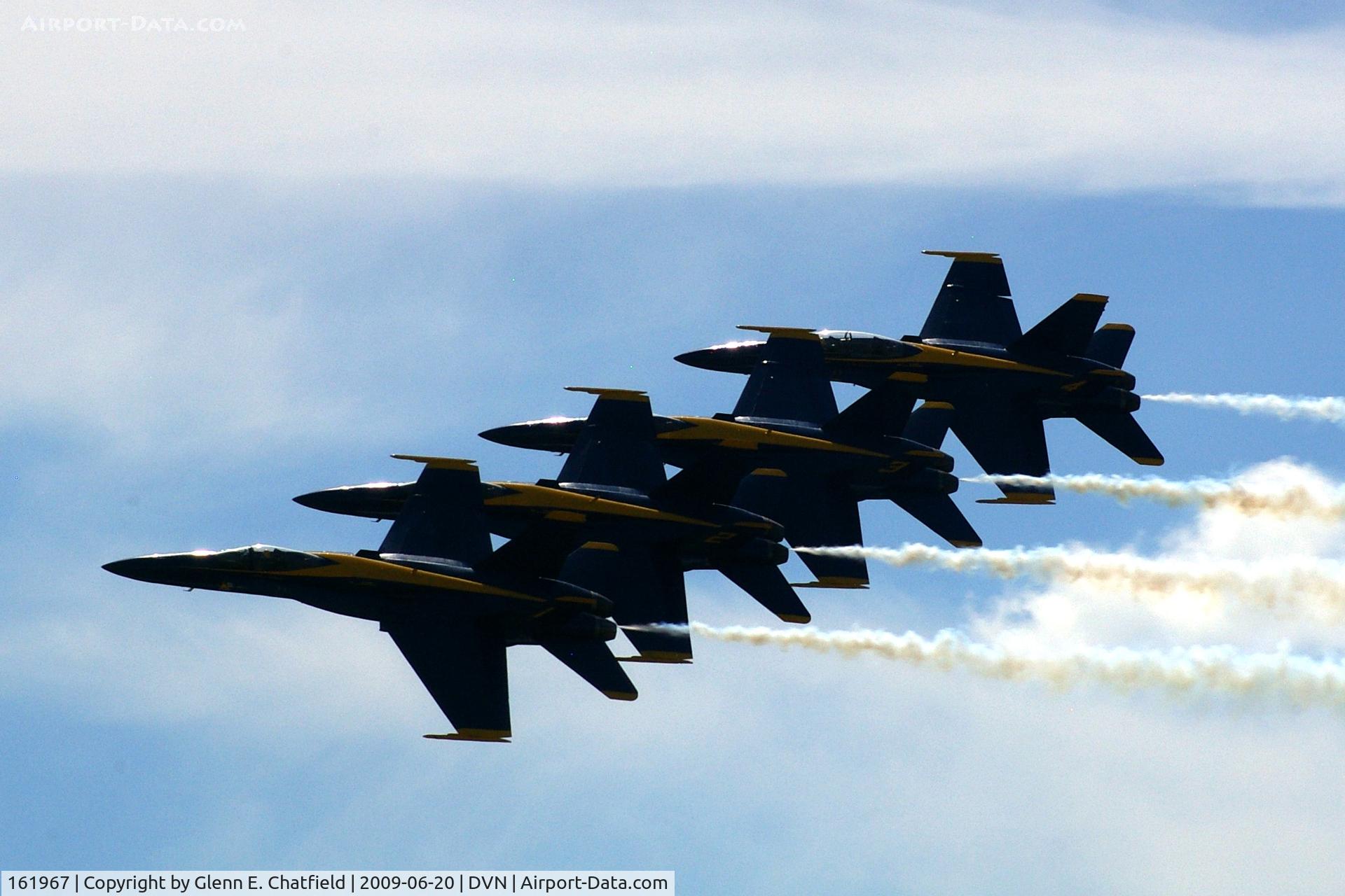 161967, McDonnell Douglas F/A-18A Hornet C/N 0183/A144, Blue Angels at the Quad Cities Air Show, and I'm shooting into the sun. Leading 163106, 163130 and 161959
