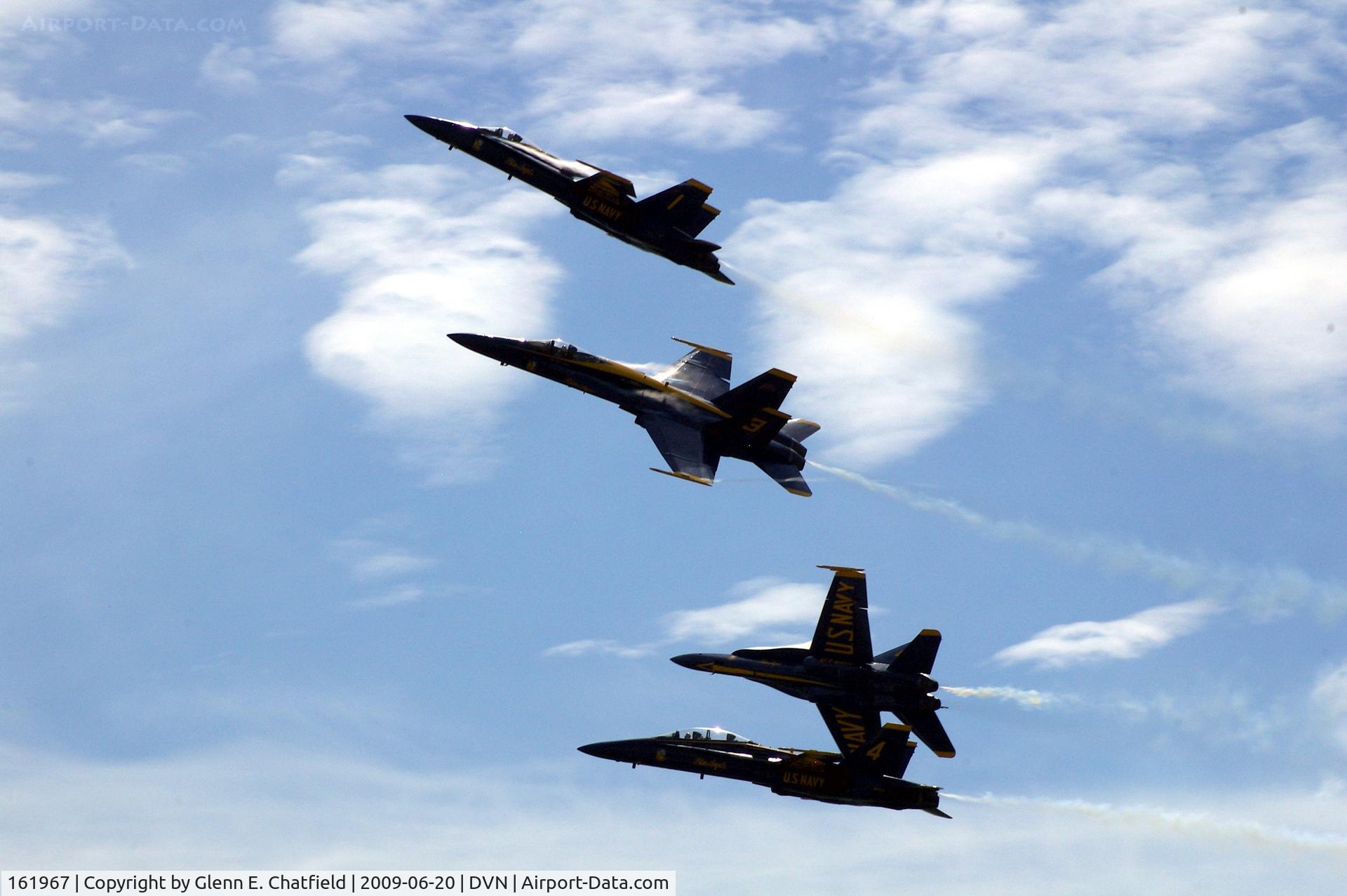 161967, McDonnell Douglas F/A-18A Hornet C/N 0183/A144, Blue Angels at the Quad Cities Air Show, and I'm shooting into the sun. Leading 163106, 163130 and 161959