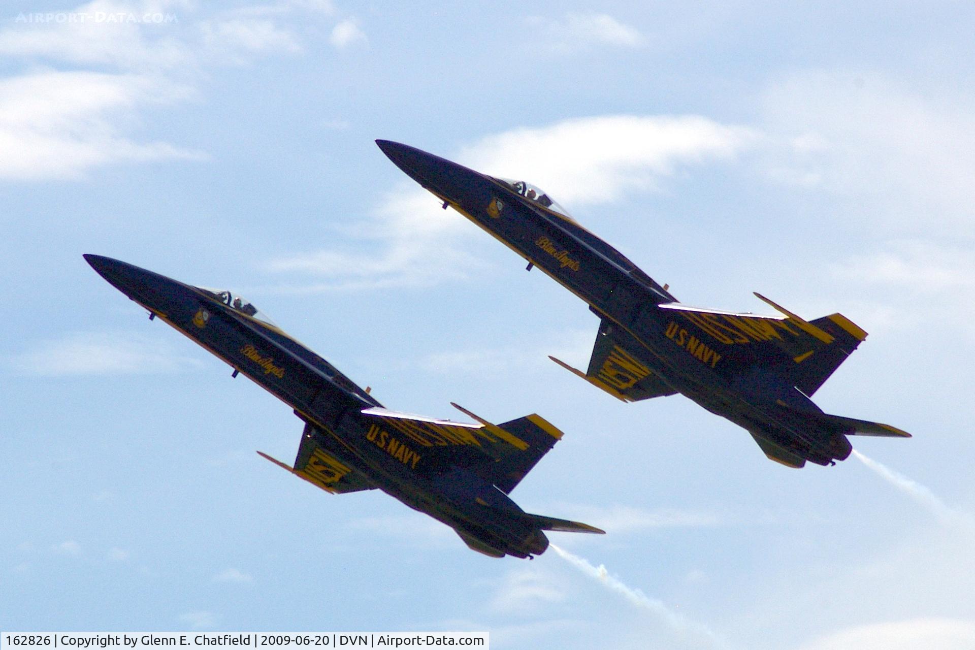 162826, McDonnell Douglas F/A-18A Hornet C/N 0338/A282, Blue Angels at the Quad Cities Air Show, and I'm shooting into the sun. On right is 163093