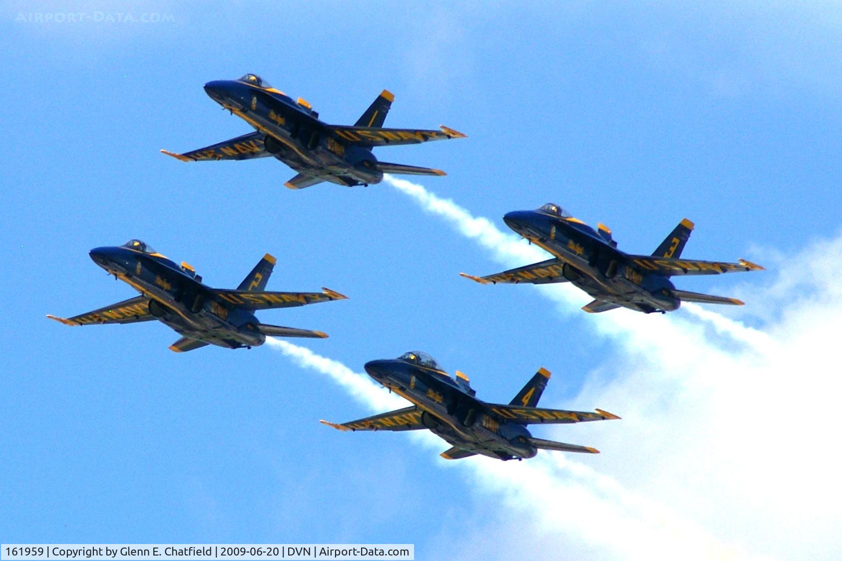 161959, McDonnell Douglas F/A-18A Hornet C/N 0170/A133, Blue Angels at the Quad Cities Air Show, and I'm shooting into the sun. trailing behind 161967, 163106, 163130