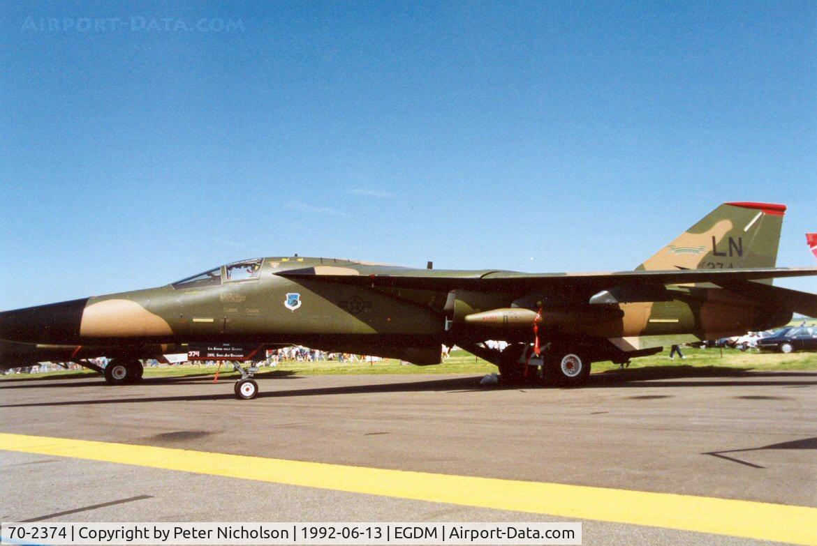 70-2374, 1970 General Dynamics F-111F Aardvark C/N E2-13, F-111F, callsign Barber 82, of 494th Fighter Squadron/48th Fighter Wing at the 1992 Air Tattoo Intnl at Boscombe Down.