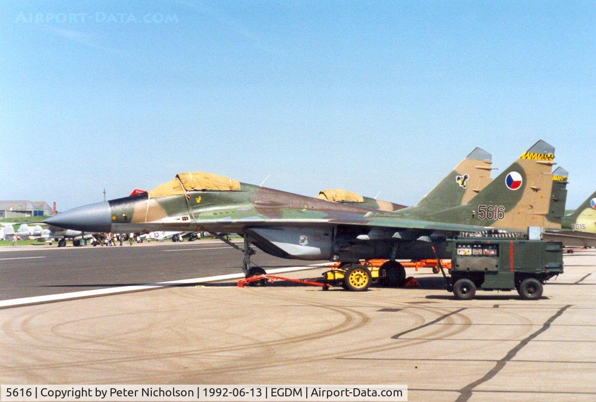 5616, Mikoyan-Gurevich MiG-29A C/N 2960532356, Fulcrum A of the Czech Air Force at the 1992 Air Tattoo Intnl at Boscombe Down.