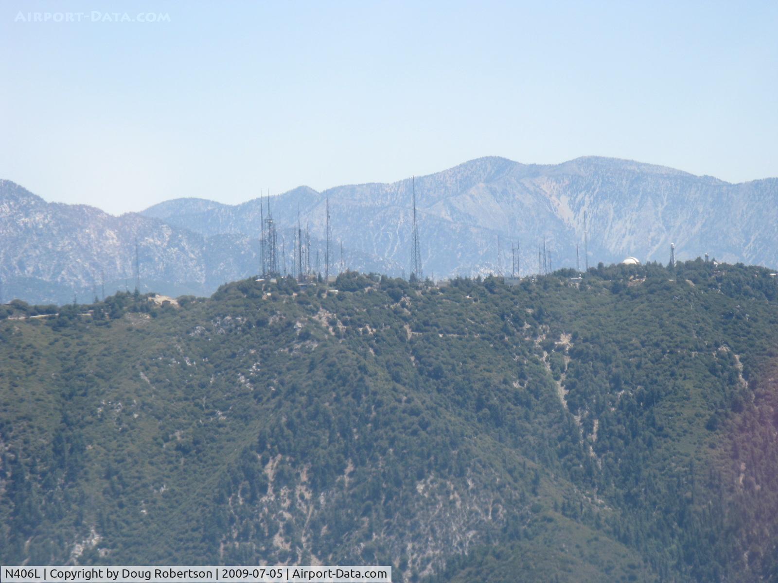 N406L, 2008 Vans RV-6 C/N 936, 6,170' Mount Wilson-Los Angeles Radio & TV transmitting antenna Towers & Observatory Dome seen from N406L.