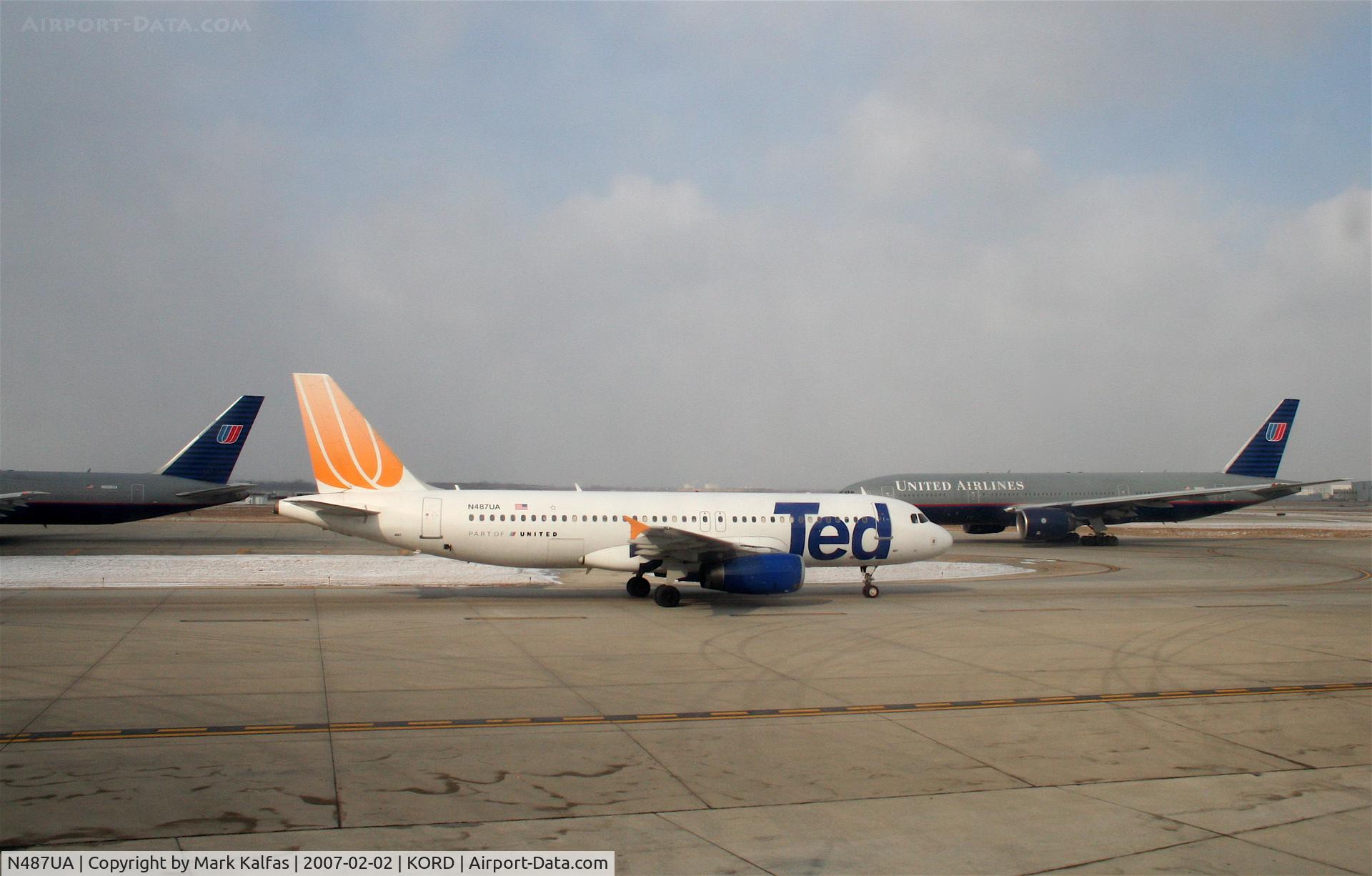 N487UA, 2002 Airbus A320-232 C/N 1669, Ted/United Airlines A320,  Taxiway BRAVO to TANGO, in sequence for a TANGO 10 departure, RWY 32L KORD