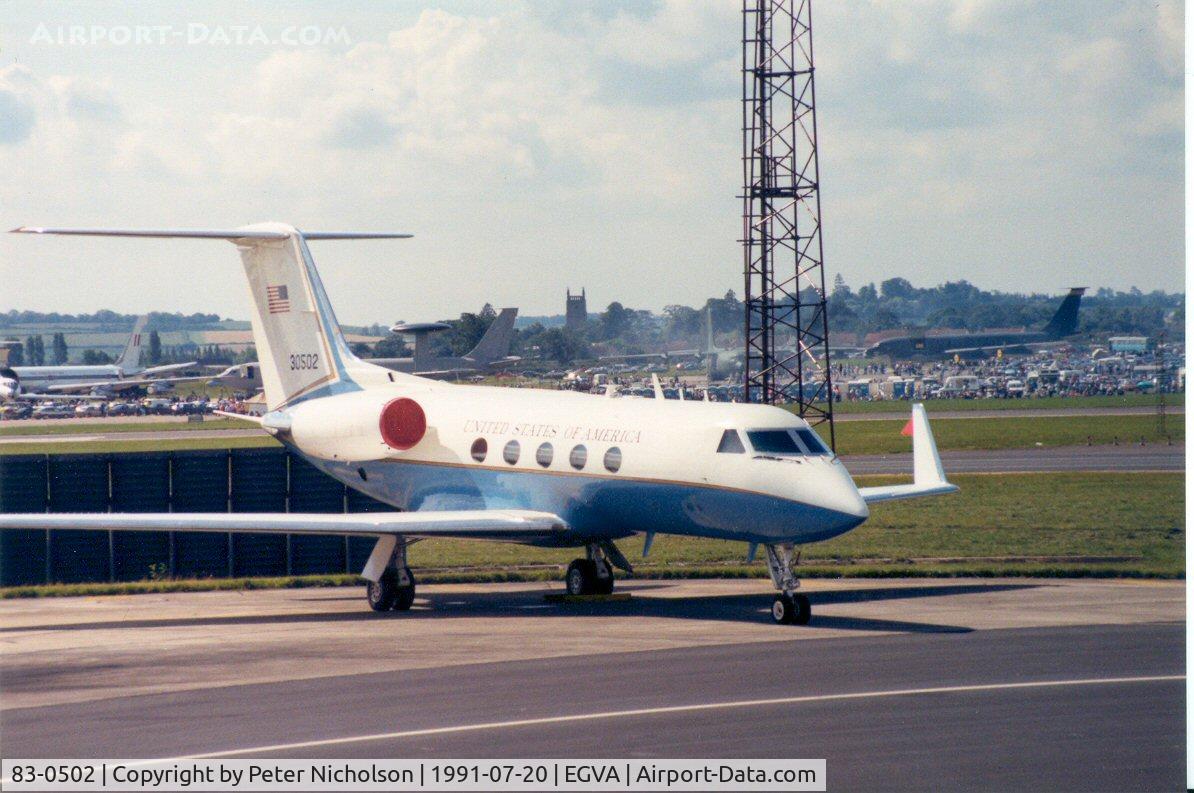 83-0502, 1983 Grumman C-20A Gulfstream III C/N 389, C-20A, callsign Embassy 64, of 58th Military Airlift Squadron at the 1991 Intnl Air Tattoo Intnl at RAF Fairford. This aircraft was assigned to Gen. Norman Schwarzkopt for operations in the Middle East during Desert Storm.