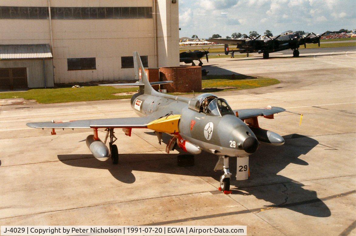 J-4029, Hawker Hunter F.58 C/N 41H-697396, Hunter F.58 of the Patrouille Suisse aerial display team at the 1991 Intnl Air Tattoo at RAF Fairford. This aircraft is now preserved at the National Air Force Museum of Canada.
