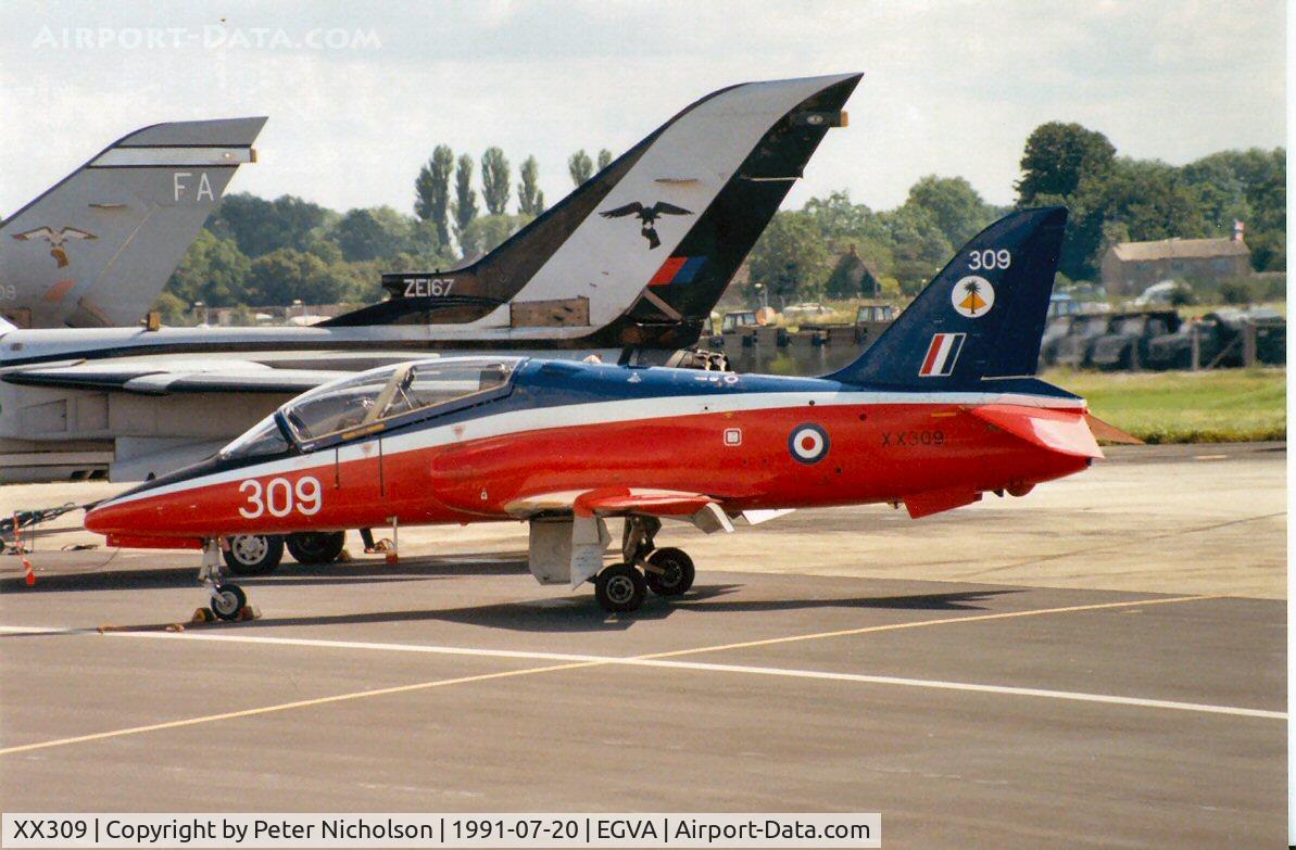 XX309, 1980 Hawker Siddeley Hawk T.1 C/N 144/312134, Hawk T.1 of 4 Flying Training School at the 1991 Intnl Air Tattoo at RAF Fairford.