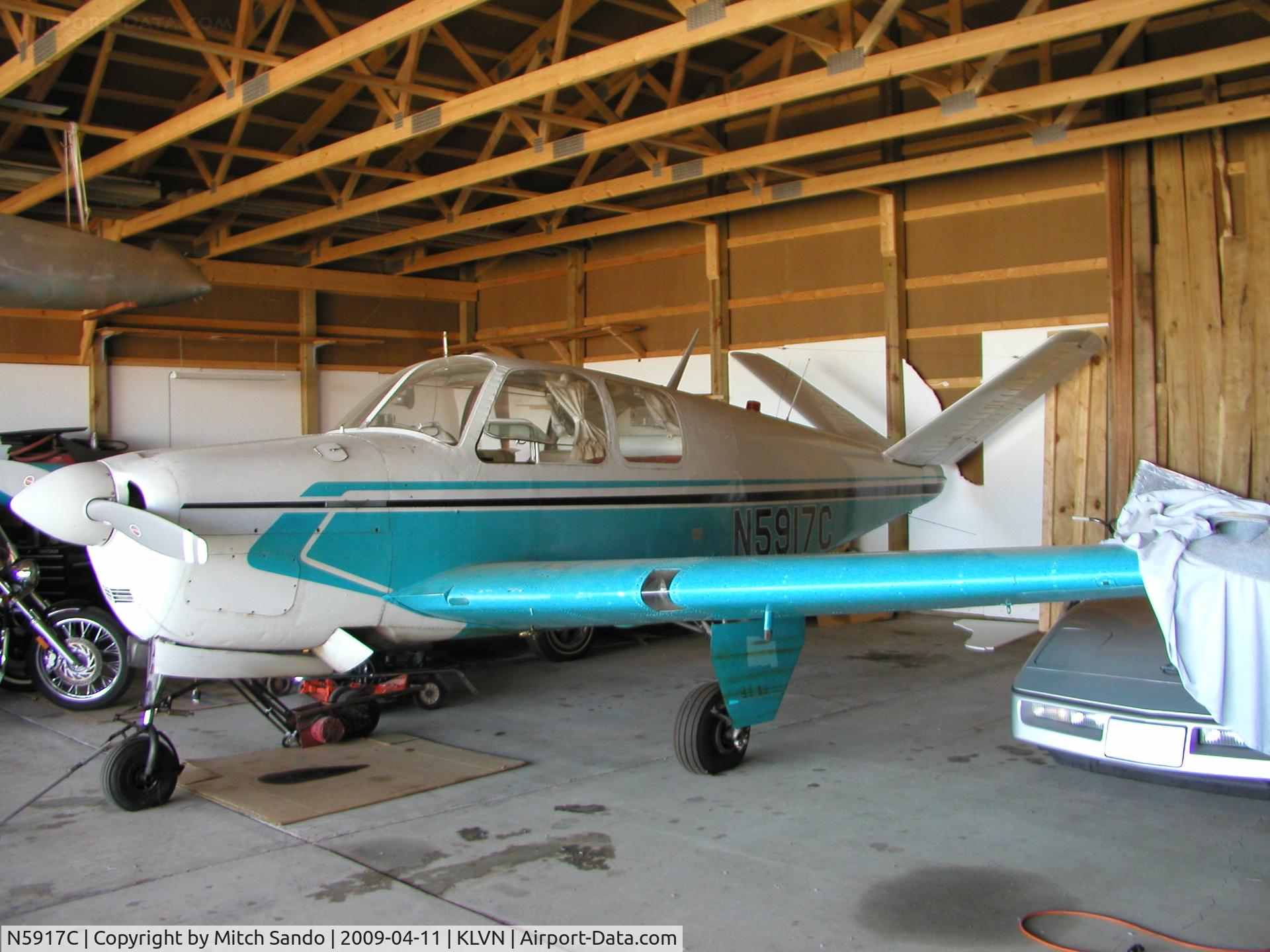 N5917C, 1952 Beech C35 Bonanza C/N D-3277, Parked inside the hangar at Airlake.