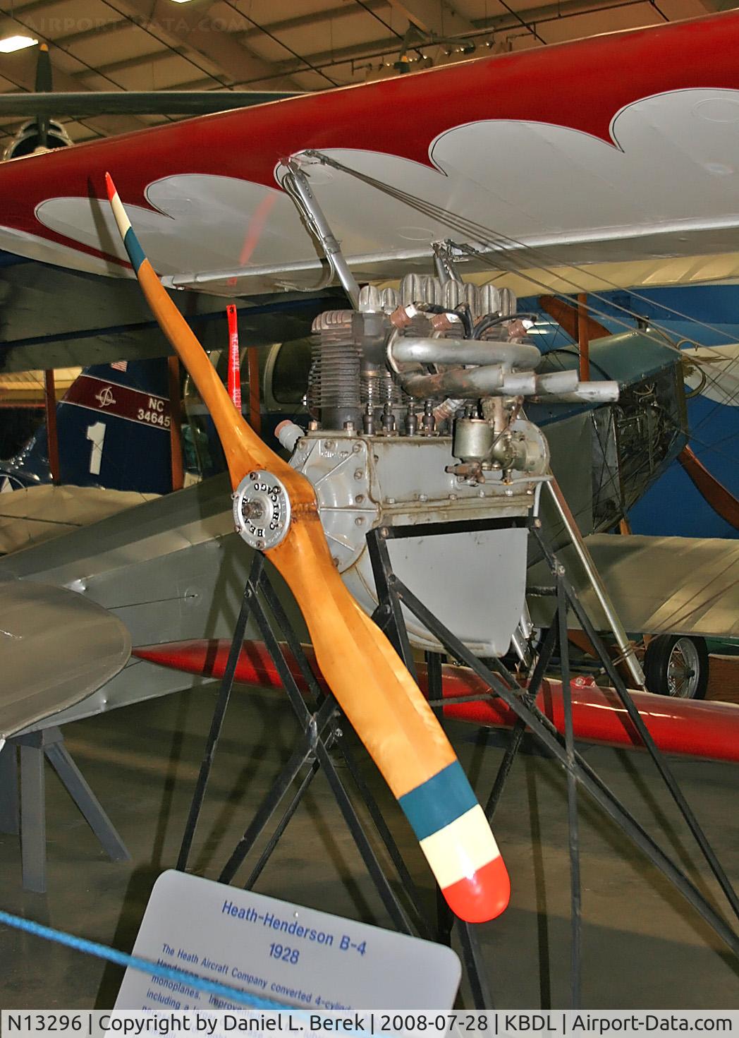N13296, Heath LNB-4 Parasol C/N 1 (N13296), This replica is on display at the New England Air Museum.  The engine is original.
