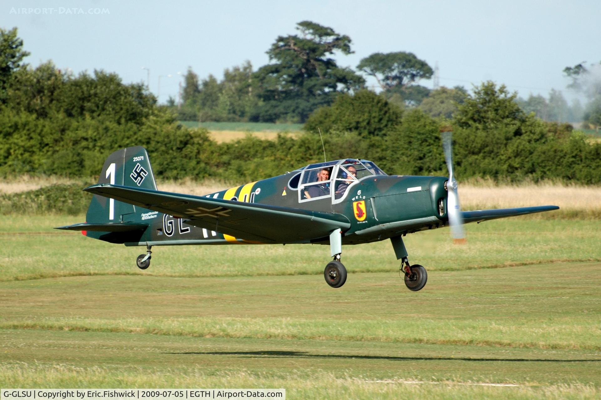 G-GLSU, 1945 Bucker Bu-181B-1 Bestmann C/N 25071, G-GLSU departing the Shuttleworth Military Pagent air Display July 09