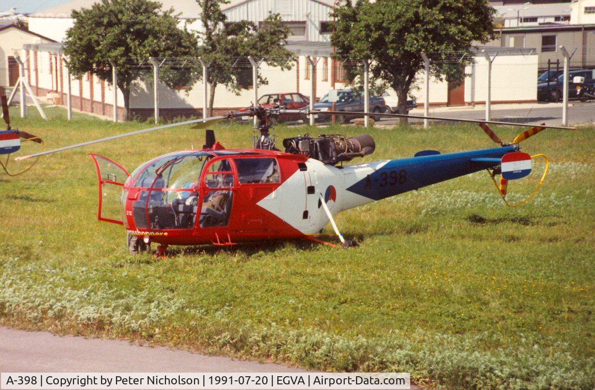 A-398, 1966 Sud Aviation SE-3160 Alouette III C/N 1398, Alouette III of the Grassshoppers display team of the Royal Netherlands Air Force at the 1991 Intnl Air Tattoo at RAF Fairford.