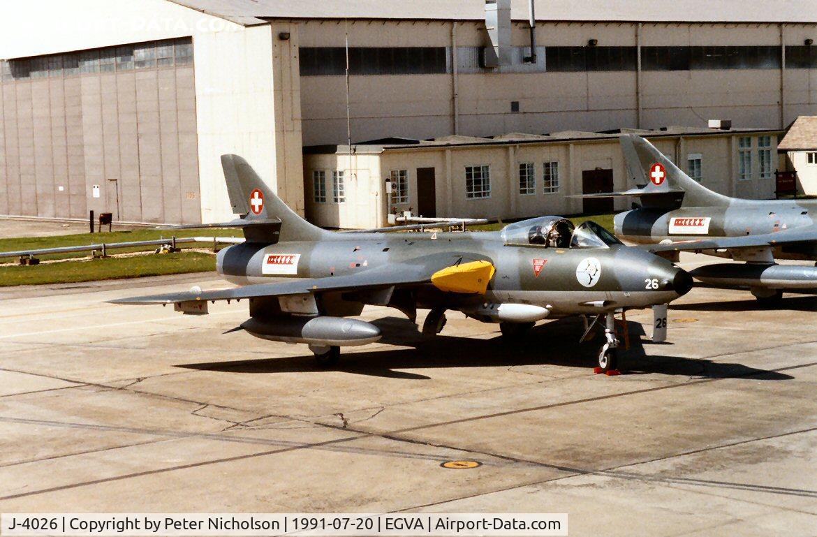 J-4026, Hawker Hunter F.58 C/N 41H-697392, Hunter F.58 of the Patrouille Suisse display team at the 1991 Intnl Air Tattoo at RAF Fairford.