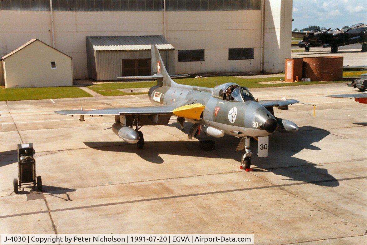 J-4030, 1958 Hawker Hunter F.58 C/N 41H-697397, Hunter F.58 of the Patrouille Suisse display team at the 1991 Intnl Air Tattoo at RAF Fairford.