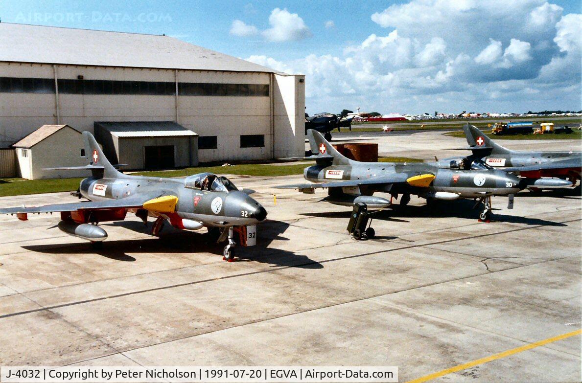 J-4032, Hawker Hunter F.58 C/N 41H-697399, Hunter F.58 of the Patrouille Suisse at the 1991 Intnl Air Tattoo at RAF Fairford.